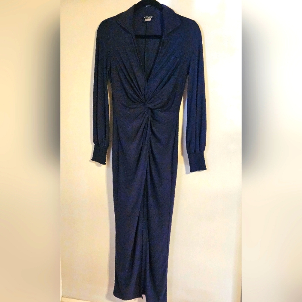 Venus Navy Blue Twist-Knot V-Neck, Slit Front Dress Size Small EUC
